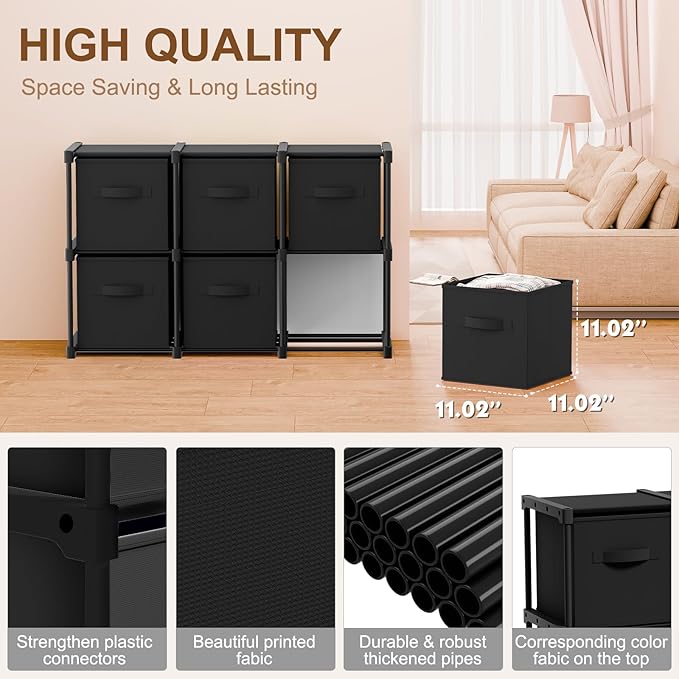 6 Cube Storage Organizer with Shelf Back to School Boxes 11 Inch Toy Storage Bins Closet Organizers Drawers Fabric Dresser for Playroom Books Bedroom Dorm Kitchen (Black)