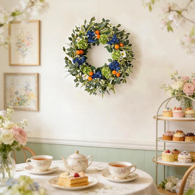 Idyllic 26 Inch Spring Summer Wreath for Front Door - Blue Green Hydrangea Wreath with Orange Berries and White Flowers, Foldable Base for Indoor Outdoor Decor