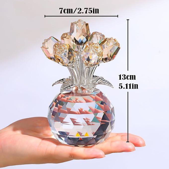 Arikyrist Crystal Gold Rose Bouquet Figurine with Round Vase, Glass Rose Flower Romantic Gifts for Women Mom on Christmas, Collectible Decoration Table Centerpiece for Home