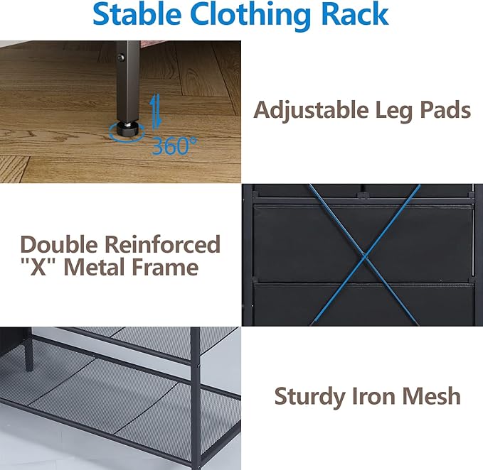 Auromie Clothes Rack with 5 Drawers & 4 Storage Shelves, 59.1W*70.9H Heavy Duty Clothing Rack with 2 Hanging Rods, Wardrobe Closet Organizer System with 5 Hooks, Freestanding Garment Rack (Rustic)