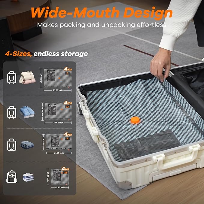 Vacuum Storage Bags for Travel with Wireless Rechargeable Electric Pump, 16 Pack Travel Essentials Vacuum Seal Bags for Clothing, Space Saver Compression Packing Bags for Luggage, Suitcase, Home