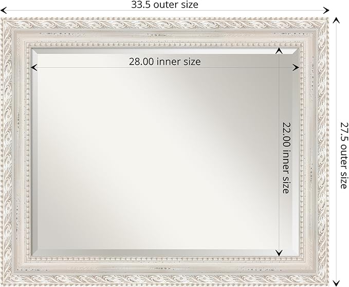 Amanti Art White Wall Mirror 28x34 Opera Off White Rectangle Bathroom Mirror for Wall Decor Living Room, Large Traditional Wood Frame, Hangs Horizonally and Vertically, Bathroom Decor, Beveled Edge
