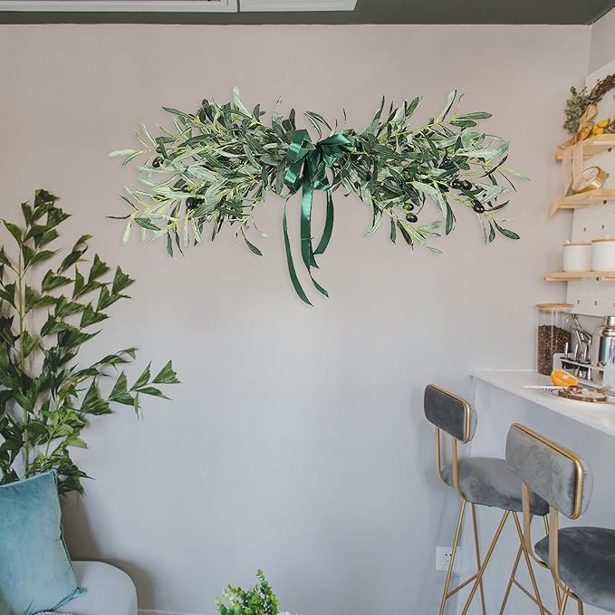 35.4inch Artificial Olive Leaves Swag, Spring Olive Door Swag with Fruit and Bow, Greenery Plants Swag Floral Garland for Front Door Garden Decor