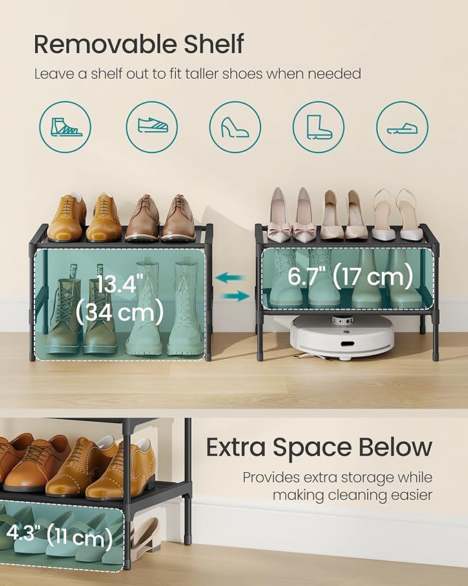 SONGMICS Shoe Rack, 2-Tier Shoe Storage Organizer, Space-Saving, 11.7 x 16.5 x 12.2 Inches, Entryway, Metal Frame, Non-Woven Fabric Shelves, Ink Black ULSH012BH01