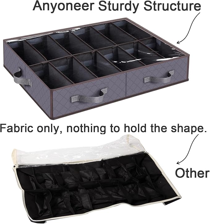 Under Bed Shoe Storage Organizer, Set of 2, Sturdy Structure, Adjustable Dividers, Reinforced Handle, Sturdy Zipper, Underbed Storage Solution with Clear Window, Breathable, Gray