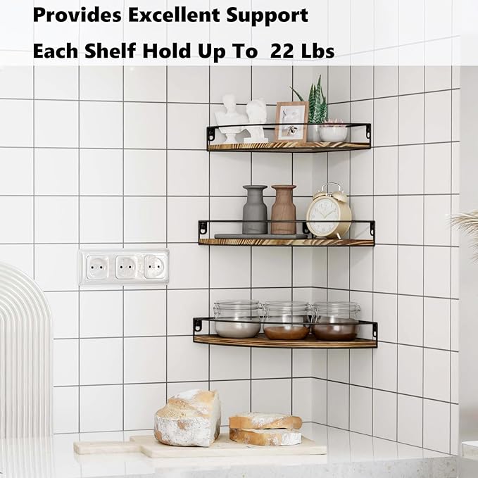 Corner Shelf Wall Mounted, Set of 3 Corner Floating Shelves with Cord Hole and Guardrail for Cable Box, Baby Monitor Pet Cameras, Speaker, Nursery Kitchen Living Room Bathroom, Dark Brown