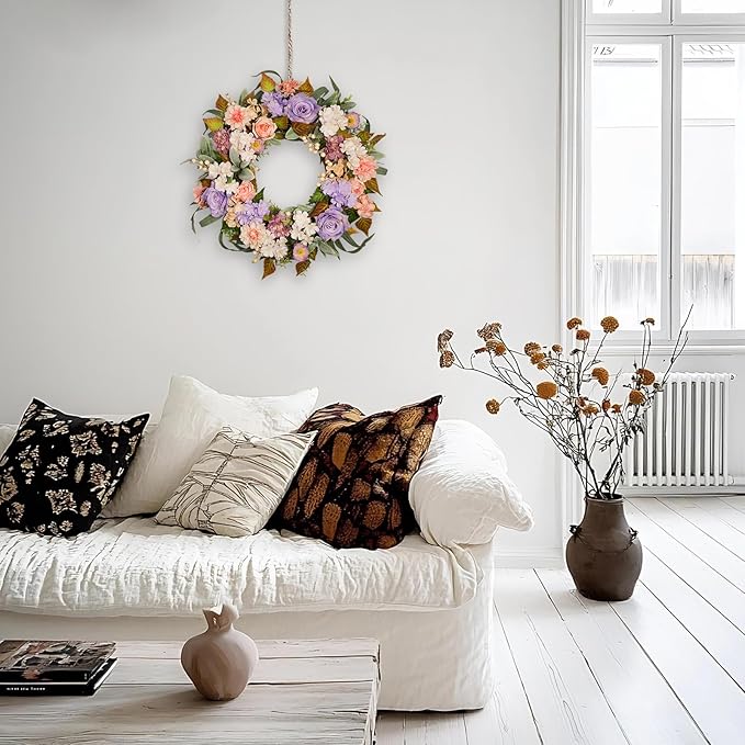 22 Inch Vintage Floral Wreath - Artificial Purple Pink Rose, Peach Dahlia, Hydrangea & White Berry with Boxwood, Lamb's Ear, Willow Eucalyptus, Indoor Outdoor Farmhouse Front Door Decor