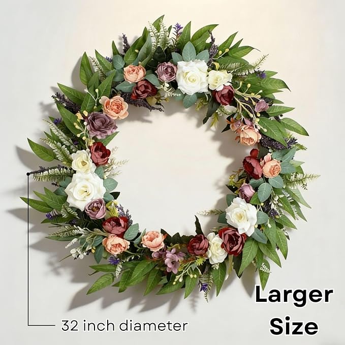 32 Inch Eucalyptus Wreaths with Roses, Hydrangeas, Lavender, Berries, Salal Leaves, Ferns, Dusty Miller, Green Summer Spring Wreaths for Front Door, Large Wreath for Porch Decor