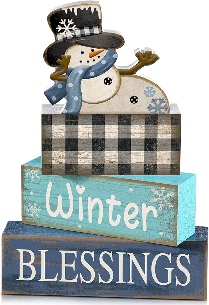 Moucuny 4 Pcs Winter Table Decorations Playful Snowman Decor Indoor Winter Tiered Tray Decor Rustic Wooden Decorative Snowman Block Sign Gift Snowflake Centerpiece Farmhouse for Home Kitchen