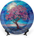 Stained Glass Theme Decorative Ceramic Plate Round Porcelain Plate,8 inch,Cherry Tree Pattern,for Decorative Ornaments Giving Plates, 1 Plate with 1 Display Stand,Blue Pink