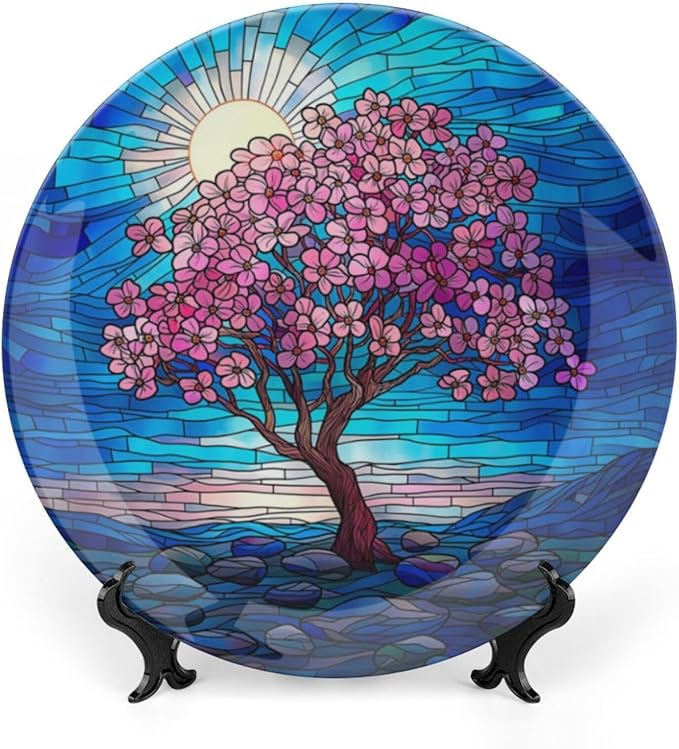 Stained Glass Theme Decorative Ceramic Plate Round Porcelain Plate,10 inch,Cherry Tree Pattern,for Decorative Ornaments Giving Plates, 1 Plate with 1 Display Stand,Blue Pink