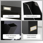 BLU MONACO | Cardboard Magazine File Holder Set of 6 Black | Vertical Magazine File Holder with Gold Label Slots | Standing File Holder and Cardboard Bins for Shelves Desk Storage