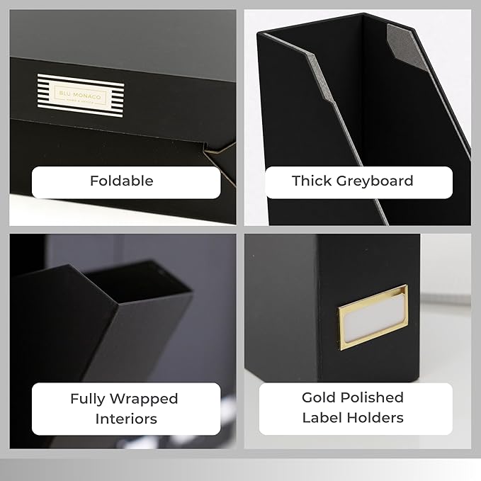 BLU MONACO | Cardboard Magazine File Holder Set of 6 Black | Vertical Magazine File Holder with Gold Label Slots | Standing File Holder and Cardboard Bins for Shelves Desk Storage