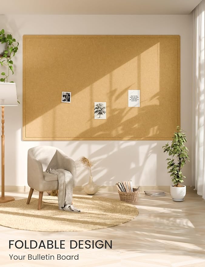 Fluxynara Large Bulletin Board, 70.8" x 47.2" Cork Board Alternative with 48 Safe Removable Adhesive Tabs, Foldable Felt Pin Board for Home Office, Classroom, Bedroom,Entryway for Walls—Mustard Yellow
