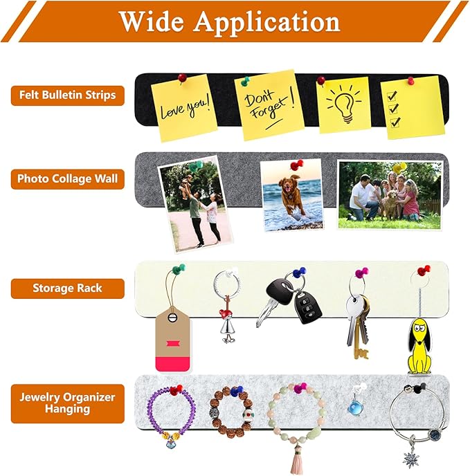 8Pcs Rectangle Felt Cork Board Bar Strips with 35 Pushpins, Self-Adhesive Bulletin Board Strips for Office School Home Wall Decor Stickers Memos Schedules Photos Display -Gradual Grey