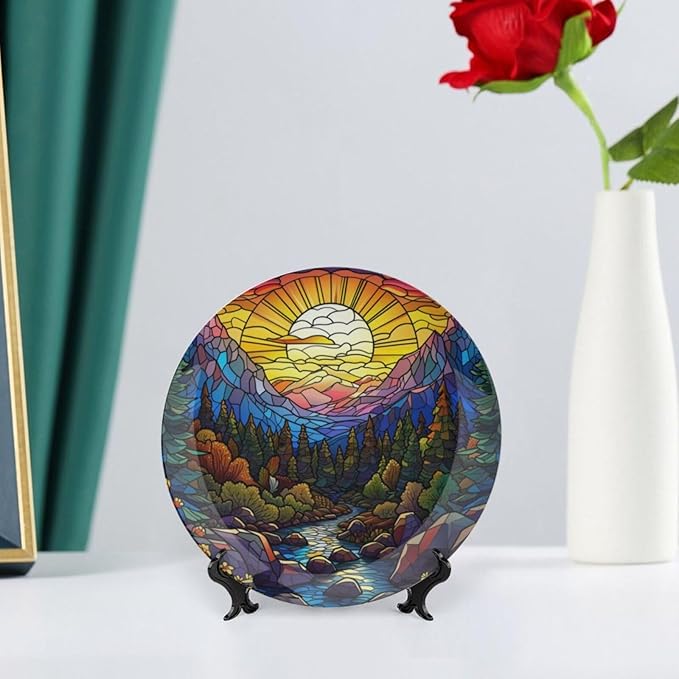 Stained Glass Theme Decorative Ceramic Plate Round Porcelain Plate,10 inch,Sunset Forest Stream Pattern,for Decorative Ornaments Giving Plates, 1 Plate with 1 Display Stand,Multicolor