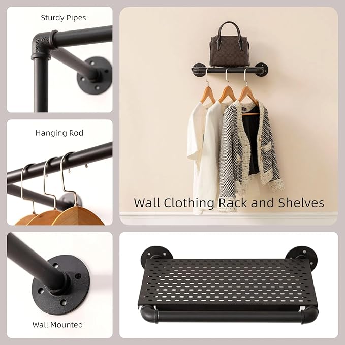 Industrial Pipe Clothing Rack with Floating Shelves, 2 Hanging Rods Wall Mounted Garment Rack, Heavy Duty Iron Clothes Bar, Space-Saving Clothing Hanging Rails for Closet (2 hanging rods 1 shelf)
