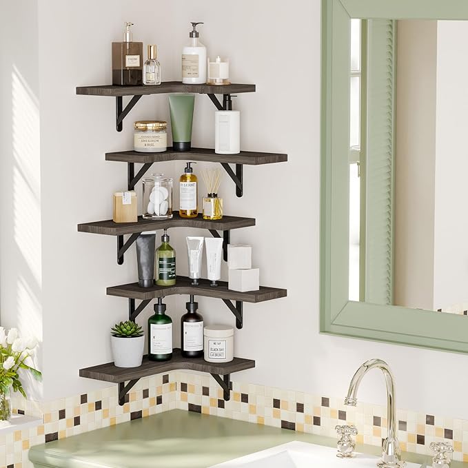 Fixwal Floating Shelves for Wall Set of 5, Rustic Wood Wall Mounted Corner Shelf for Bathroom, Kitchen, Bedroom, Home Decor, Laundry Room, Living Room (Weathered Grey)