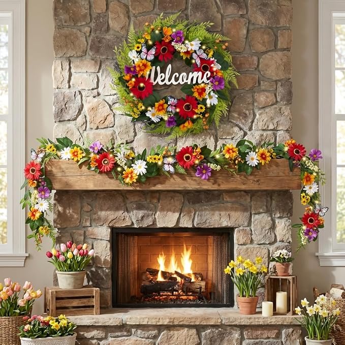 Valery Madelyn Spring Summer Wreaths for Front Door，Collapsible 24 Inch Door Wreath with Daisy Flower,Butterfly and “Welcome” Wood Sign Floral Wreath for Wedding, Wall, Home Decorations