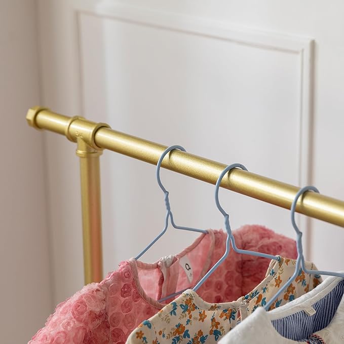 Kids Clothing Racks,Child Dress up Racks with Hooks, Metal Pipes Costumes Garment Hanging Racks,Small Rolling Clothes Racks,Freestanding and Portable Heavy Duty Kids Closet,Gold