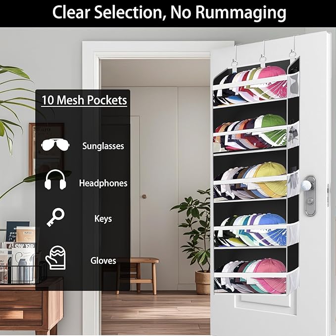 Over the Door Hat Organizer for Baseball Caps, Hold up to 60 Hats Rack Storage for Door/Closet/Wall, Clear Pockets Hanging Hat Holder for Baseball Caps with 10 Mesh Pockets, Grey