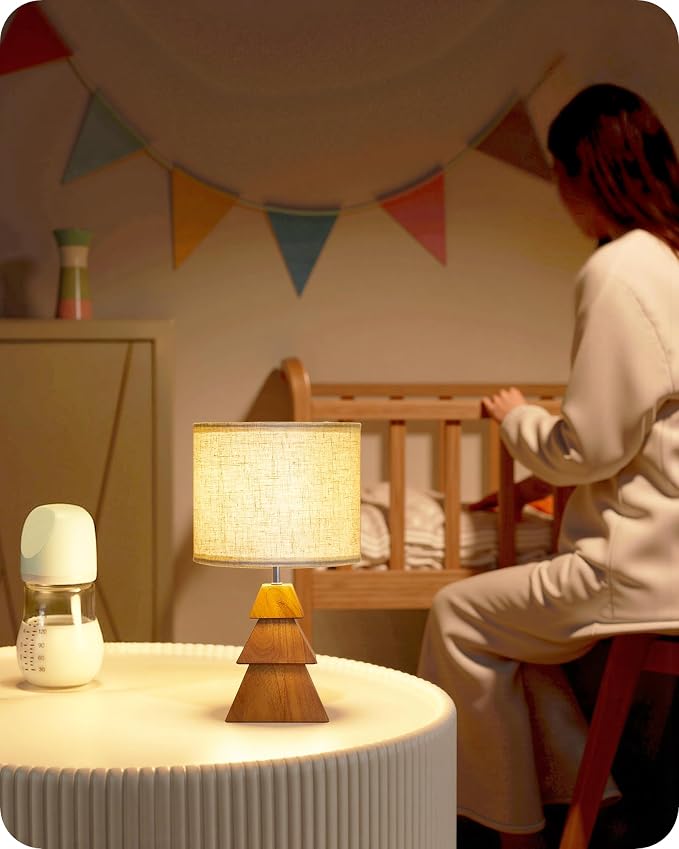 Wood Table Lamp, Wood Bedside Lamp with Tree-Shaped Base & Linen Lampshade, Modern Cute Desk Lamp for Living Room, Bedroom, E26 Base, Bulb Not Included, Beige and Dark Natural LE08TL05