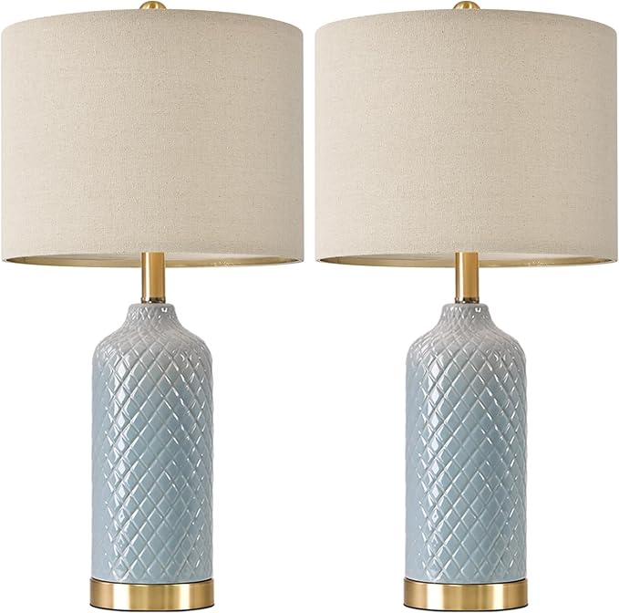 24.25" Modern Ceramic Blue Table Lamps Set of 2 for Living Room Bedroom Bedside Table Lamp for Night Stands Boho Nightstand Lamp Coastal Side End Table Lamps Reading Light Home Office Dorm Deco Gifts