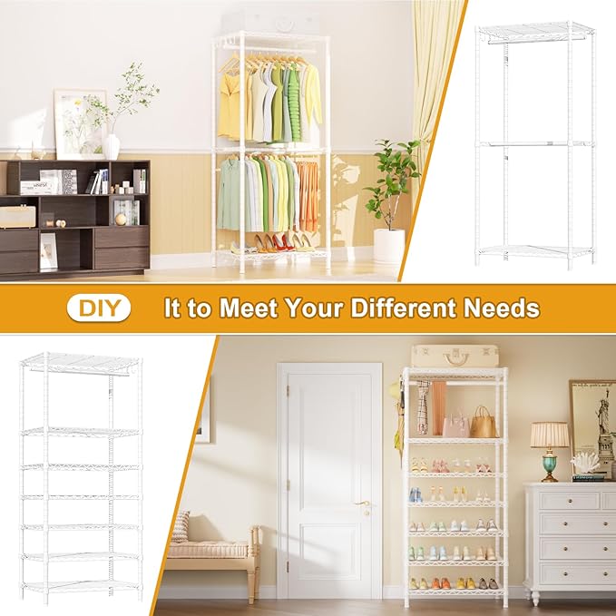 Ulif E13 Heavy Duty Clothes Rack（With 4 Hanger Rods & 8 Shelves） Freestanding Clothing Racks for Hanging Clothes，Adjustable Closet Organizer，Metal Garment Rack 63" W x16 D x77 H，Max Load 900LBS，White