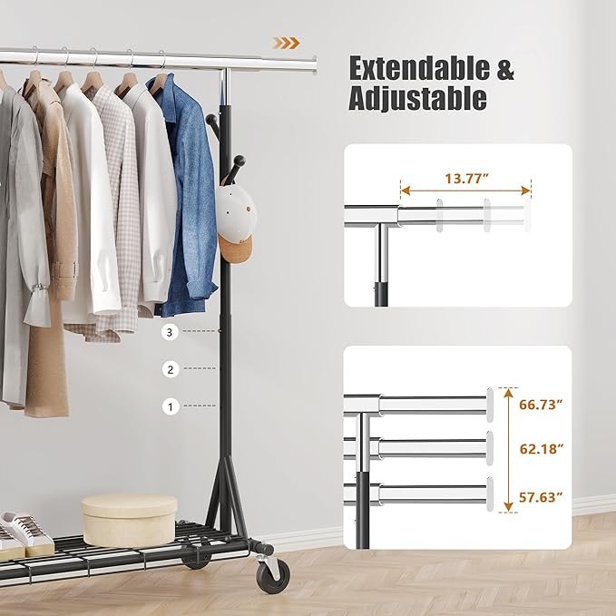 Garment Rack Load 530lbs,Heavy Duty Rolling Clothes Rack With Sturdy Wheel And Shelves, Adjustable Portable Hanging Rack For Clothes, Chrome Stainless Steel, Black