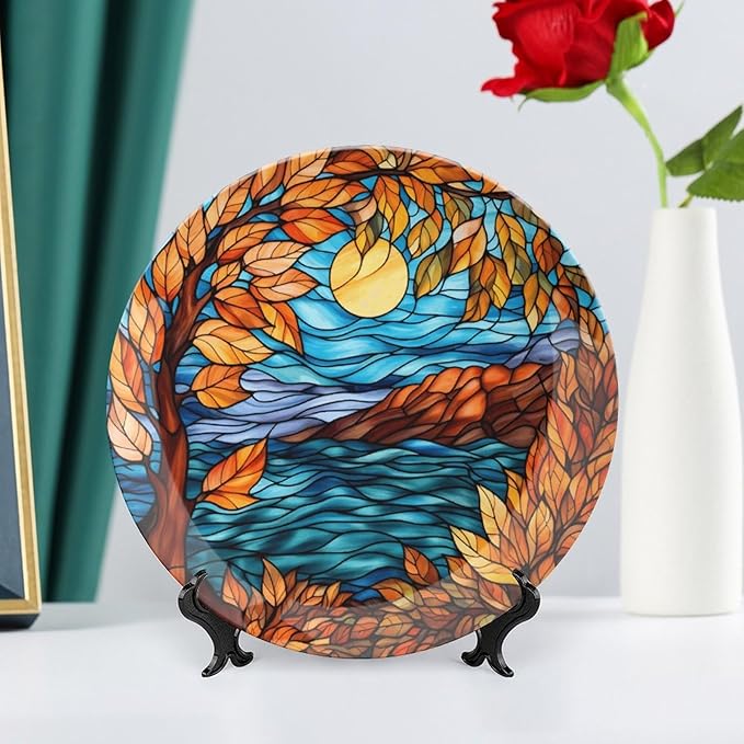 Stained Glass Design Fall Maple Tree Night Decorative Plates Home Decor Ceramic Plates, Fall Season Dinner Plates Display for Living Room, Kitchen, Gifts for Thanksgiving, 10 Inch