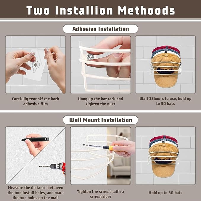 Hat Organizer for Baseball Caps, 2-Pack Beige White Metal Hat Rack for Wall Door, Adhesive/Wall Mounted Hat Storage Holder Small Closet Organizers and Storage Solution Ideas