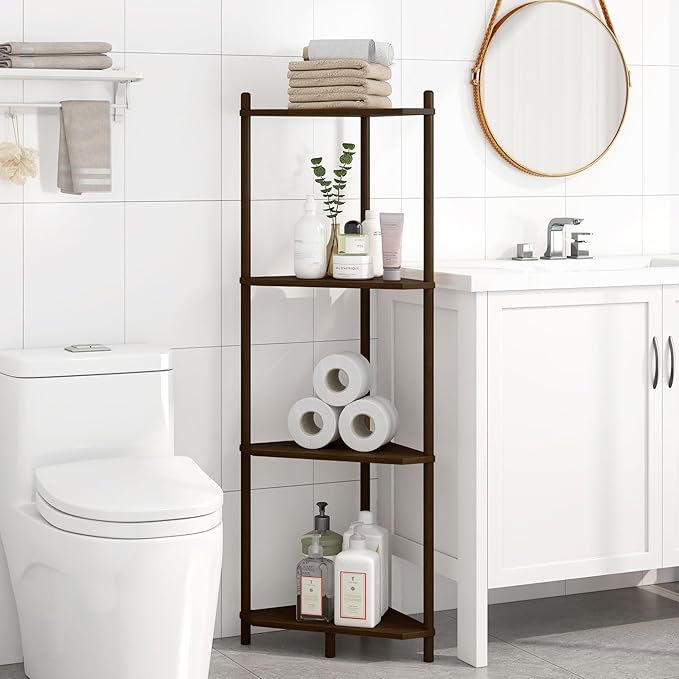 Wisuce Corner Shelf Stand - 4 Tier Walnut Bamboo Small Corner Bookshelf for Office Kitchen Bedroom Plant Stand Living Room Decor Small Space