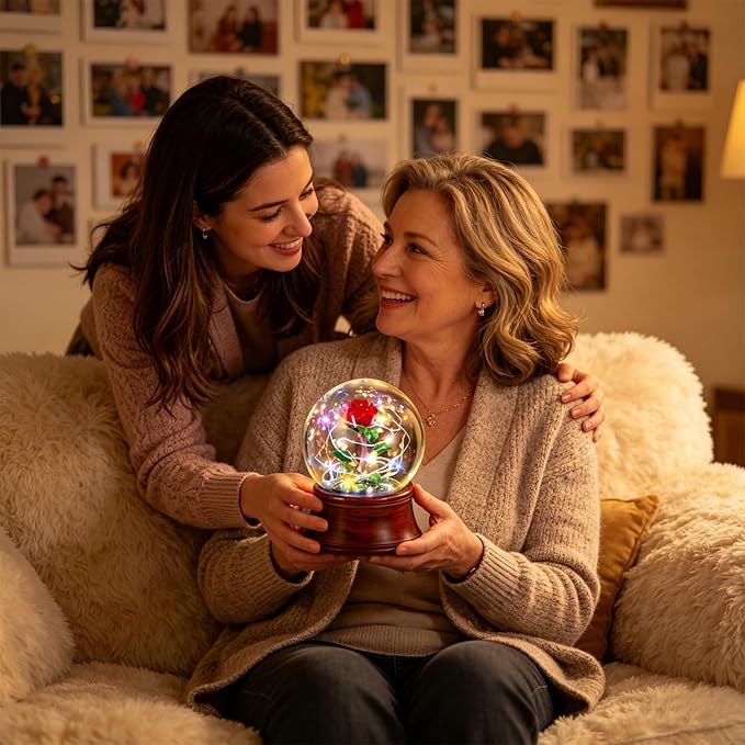 Rose Snow Globe Music Box, Preserved Red Rose Flower Musical Snow Globes, LED Light Up Rose Snowglobe Water Globe Romantic Gift for Women Girls in Mother's Day, Anniversary, Christmas