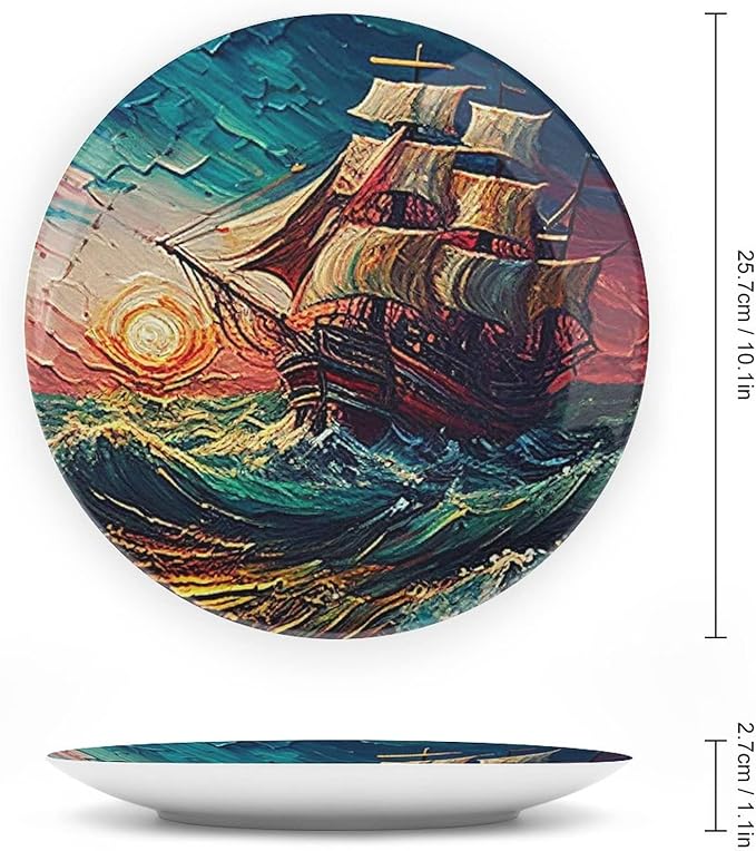 Decorative Plates, Ocean Sailing Ship at Sunset Painting Display Plate for Home Office Kitchen Table Decor Porcelain Plates 10 Inch, Birthday Gifts