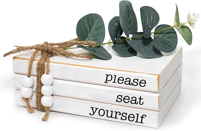 3 Pieces Wooden Decorative White Books, Rustic Farmhouse Faux Books for Coffee Table Shelves with Wood Bead Tassels and Leaves, 7'x 4.6'x 2.5' (Please, Seat, Yourself)