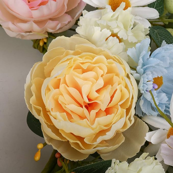 JINGHONG 24” Artificial Flower Wreath,Daisy and Rose Wreath Colorful Spring/Summer Floral Wreaths for Front Door Wall Window and Holiday Festival Party Banquet Wedding Decor