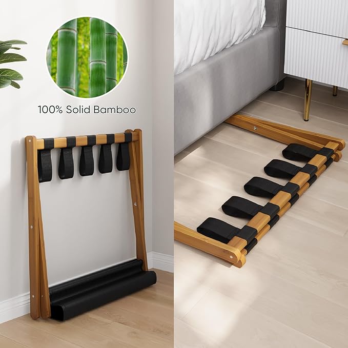 Luggage Rack, Folding Luggage Rack for Guest Room, Walnut Bamboo Suitcase Stand Holds up to 131 lb, Luggage Stand with Storage Shelf for Hotel, Bedroom (1 Pack)