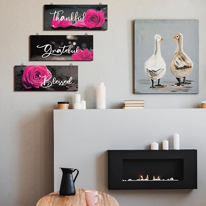 Hillban 3 Pieces Rose Wooden Wall Decor Rose Bathroom Decor Thankful Grateful Blessed Accessories Inspirational Wall Art Signs for Living Room Kitchen Wedding(10 x 4 Inch,Dark Pink)