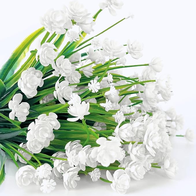 12 Bundles Artificial Flowers for Outdoors Spring Decor, Realistic UV Resistant Fake Plants Faux Plastic Flowers for Outside Planter Home Gardens Patio Porch Yards Cemetery Summer Decor(White)