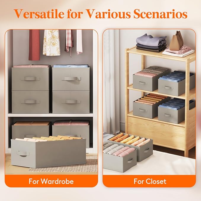 Lifewit 4 Pack Clothes Organizer, 6 Grids Closet Jean Storage Bins with Handles and Support Boards, Foldable Drawer Organizer for Sweater, Pants, T-shirt, Dress, Grey, 42 x 27 x 17 cm/16x10x7''
