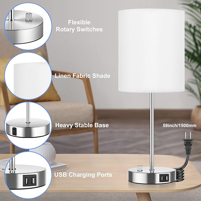 Set of 2 Table Lamps with USB Ports, White Bedside Lamps with AC Outlet, Modern Nightstand Lamps with Rotary Switch, Minimalist Desk Lamp with Fabric Shade for Bedroom Living Room Office Reading