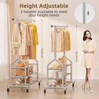 EAGMAK Heavy Duty Clothes Rack Load 688 LBS, Rolling Clothing Rack With 3 Shelves, Adjustable Metal Clothes Hanger with Wheels Portable Wardrobe Organizer Garment Rod for Hanging Clothes (Silver)