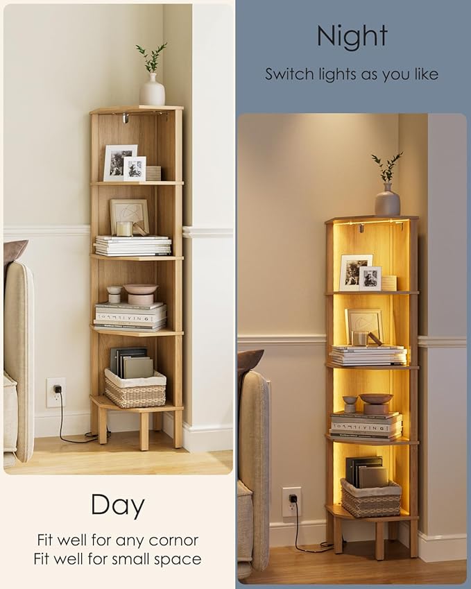 Corner Shelf Stand, 5 Tier Corner Bookshelf with Light,Corner Furniture for Bedroom Display Corner Shelf for Small Space,Wood Shelves with Storage Rack for Living Room,Office,Oak