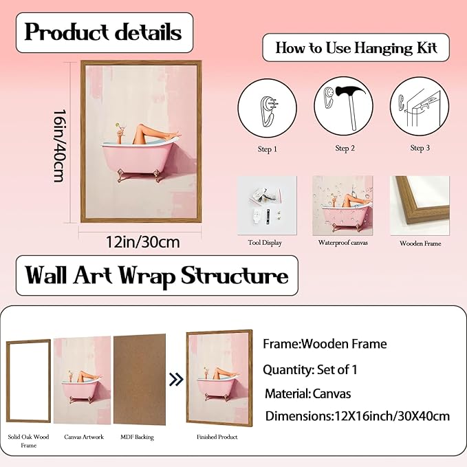 Funny Pink Girl Bathroom Wall Art, Cute Girly Bathtub Wall Decor Painting Trendy Pastel Woman and Martini Bathroom Poster Canvas Print Artwork 12x16 inch Framed