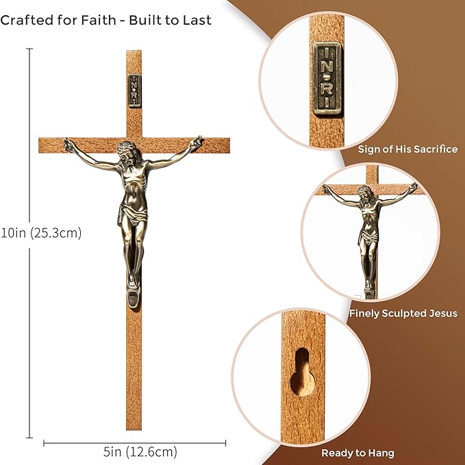 ACHIBANG Crucifix Wall Cross Catholic – 10" Wooden Jesus Cross with INRI for Wall or Easter Decor, Christian Gift for Faithful Home