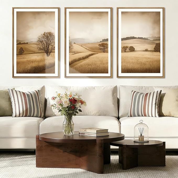 BINCUE Framed Countryside Wall Art Rustic Village Wall Decor Farmhouse Landscape Art Print Nature Countryside Artwork Rustic Landscape Wall Pictures for Living Room Bedroom Office Farmhouse 16x24 Inches Set of 3 Gift