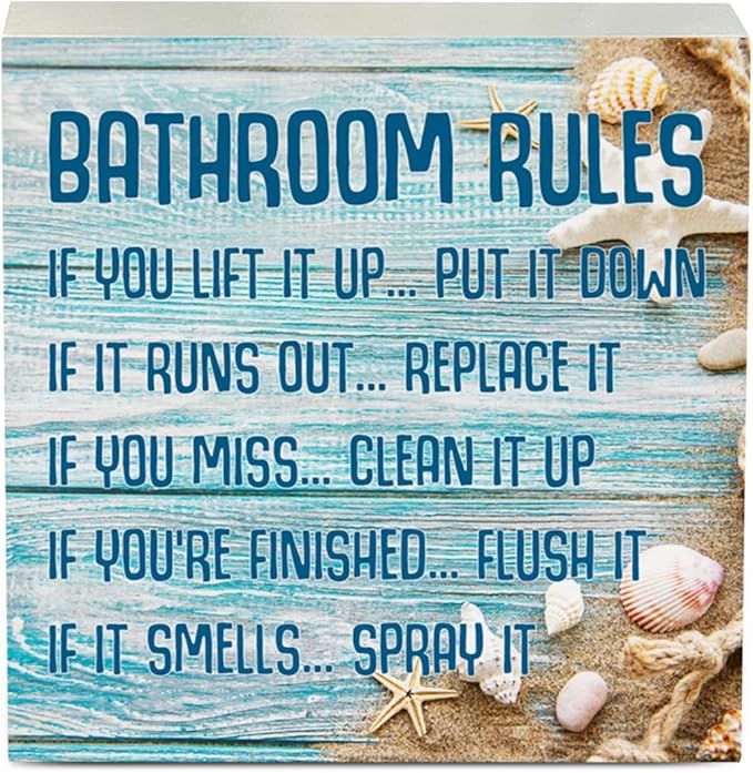 Beach Bathroom Decor Bathroom Rules Starfish Summer Decorations Wooden Box Sign for Home Office Farmhouse Table Shelf