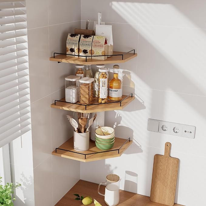 JJL Corner Shelf Wall Mounted, 12 Inches 3-Tier Floating Corner Shelf, Hexagon Rustic Wood Decor with Fence, Natural Wood Grain Storage for Apartment Bedroom Kitchen Bathroom