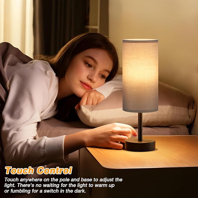 Dicoool Grey Touch Bedside Lamp with USB - 3 Way Dimmable Table Lamp for Bedroom, Nightstand Lamp with Black Charging Station for Desk Dorm, Office, Boy Kids Room, Small