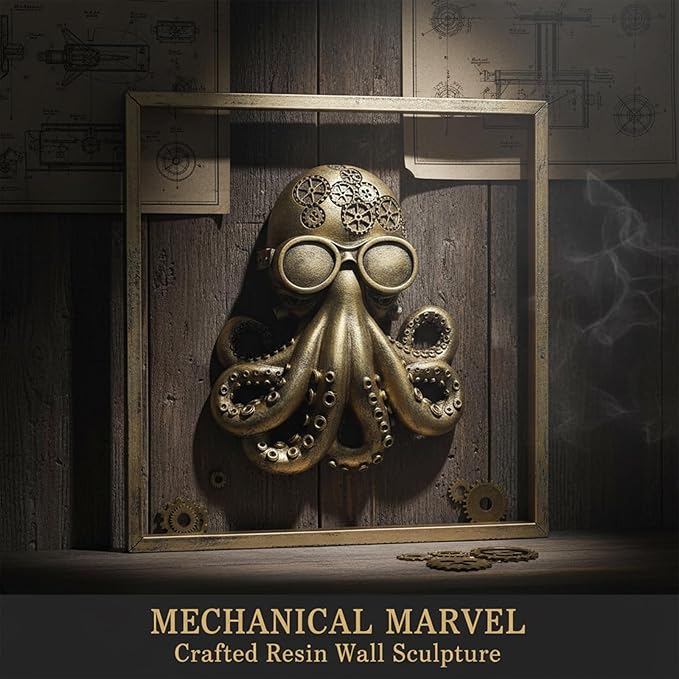 JJALIGHTS Exquisite Resin Animal Head Wall Sculpture (Gift Metal Frame) - octo Imitation Copper Vintage Decor for Living Room, Bedroom & Office | Decorative Wall Hanging Art (Octopus)